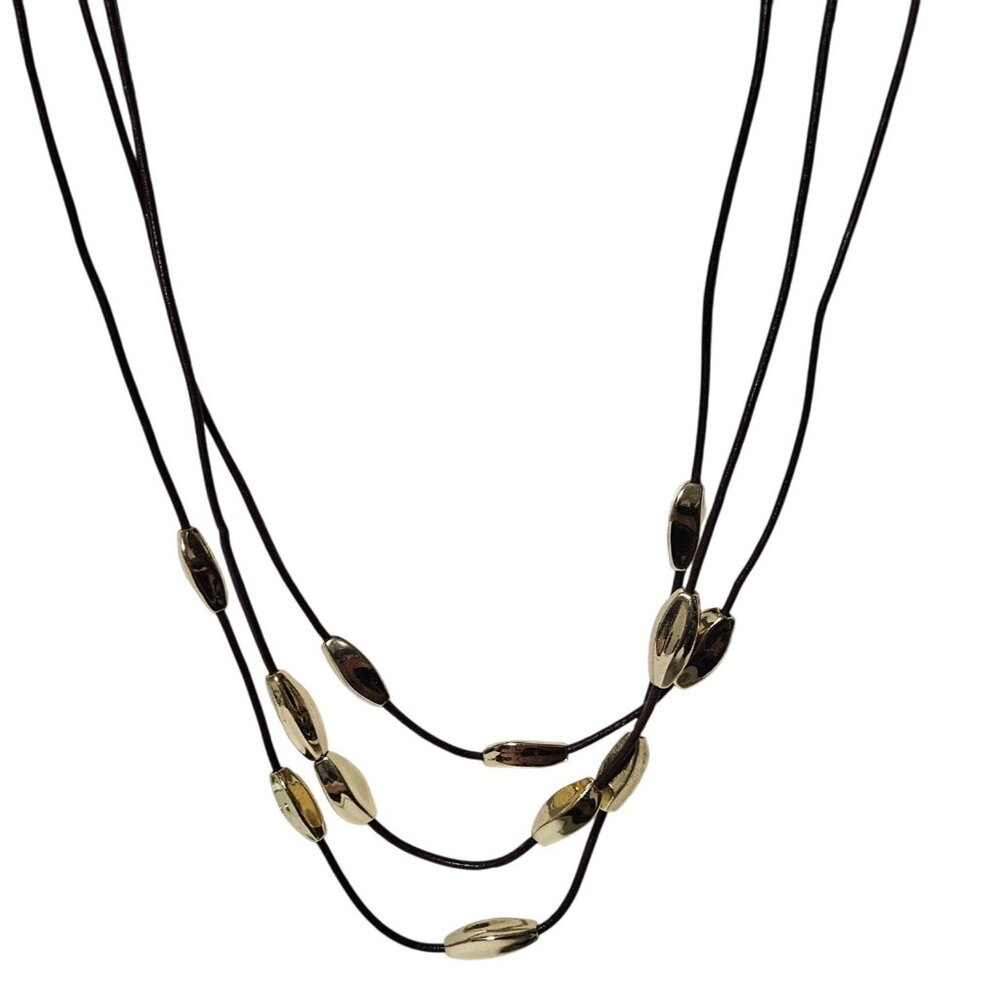 Elegant Beaded Three Strand Brown Cord Necklace Gold Tone Beads Jewelry Women